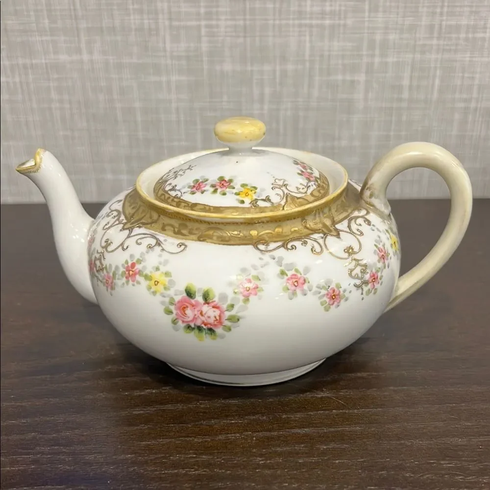Antique Noritake Nippon Maple Leaf Teapot 1891 Hand Painted Gold Pink Roses